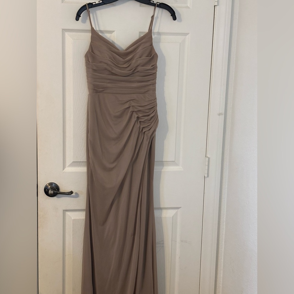 Azazie Tan Ruched Maxi Dress